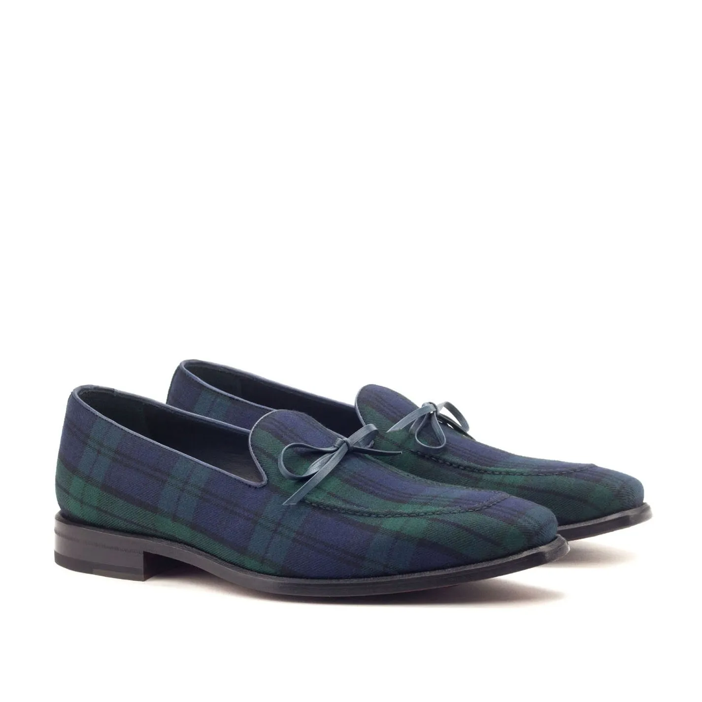 Ambrogio Bespoke Men's Handmade Custom Shoes Navy & Green Blackwatch Sartorial / Calf-Skin Leather Dress Loafers (AMB1358)