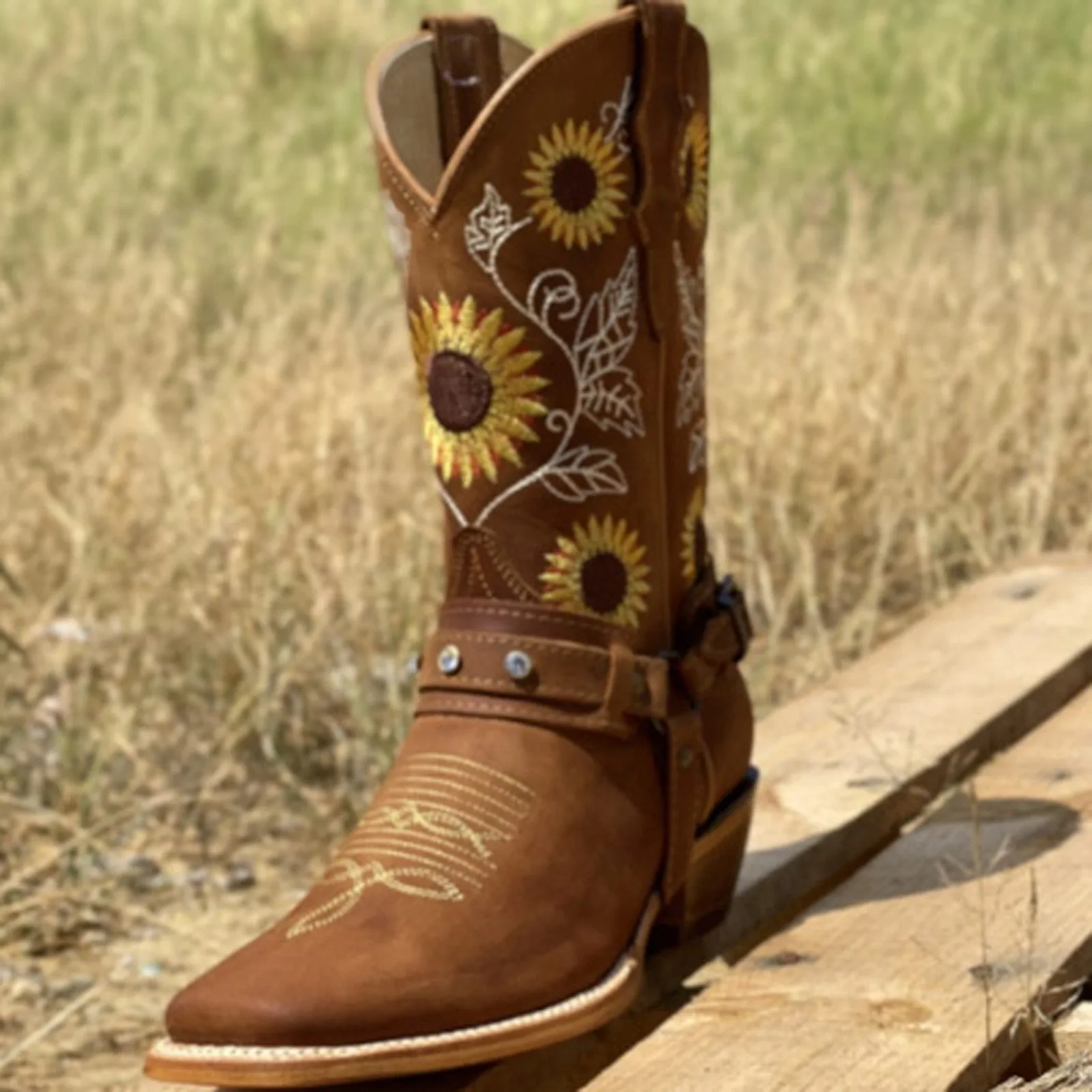 Embroidered  Women's Knee High Leather Cowboy Boots