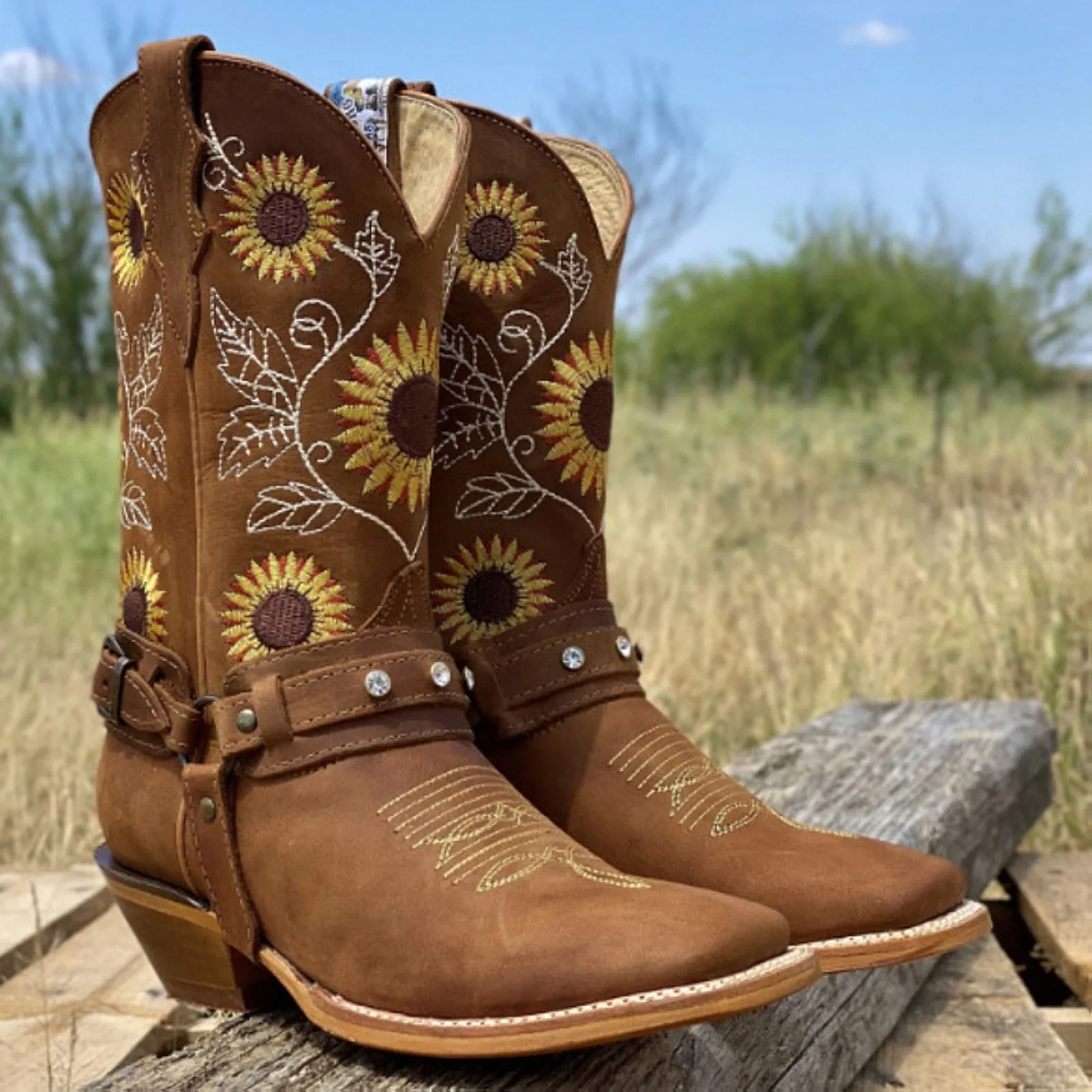 Embroidered  Women's Knee High Leather Cowboy Boots