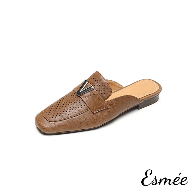 Leather Mules with V Metal Buckle