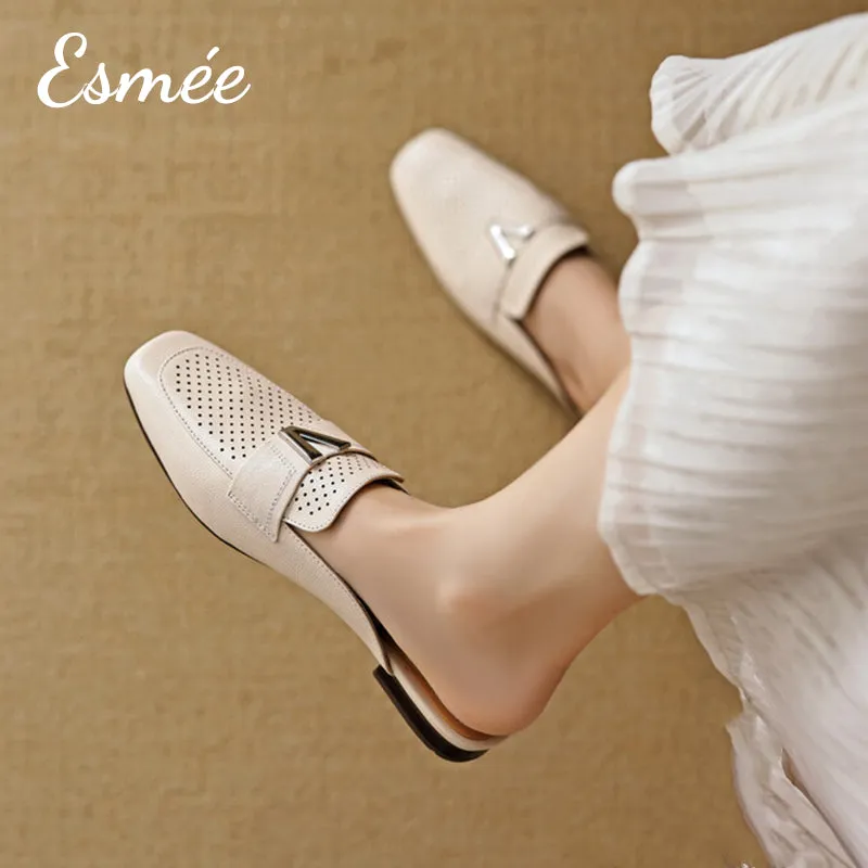 Leather Mules with V Metal Buckle