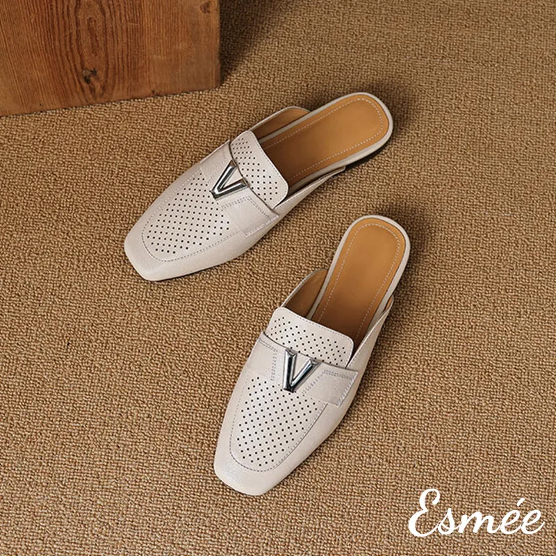 Leather Mules with V Metal Buckle