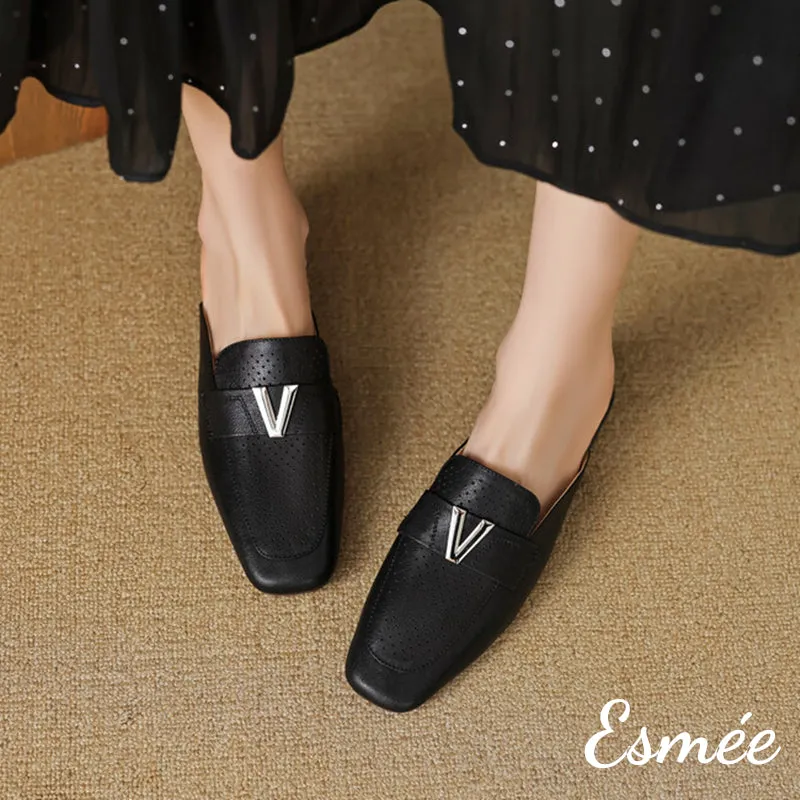 Leather Mules with V Metal Buckle