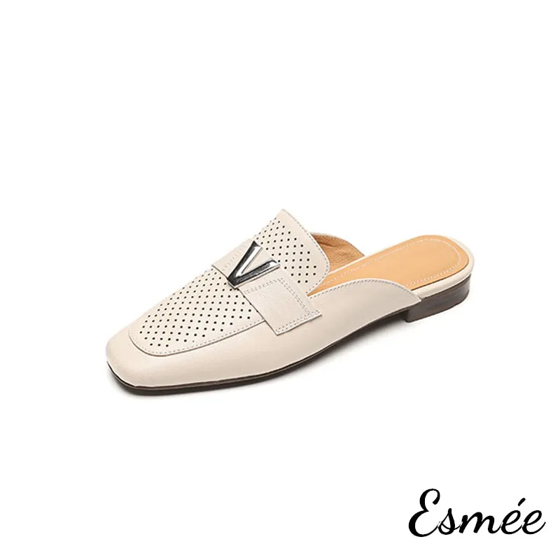 Leather Mules with V Metal Buckle