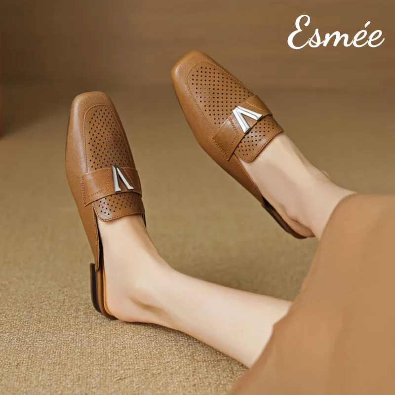 Leather Mules with V Metal Buckle