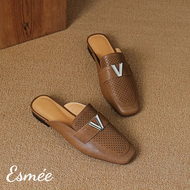Leather Mules with V Metal Buckle