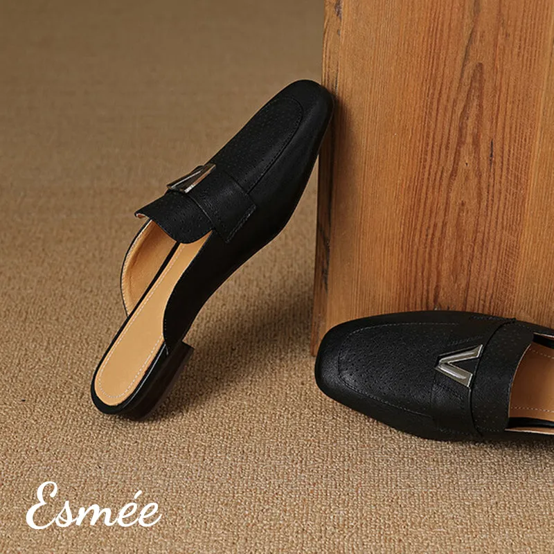 Leather Mules with V Metal Buckle