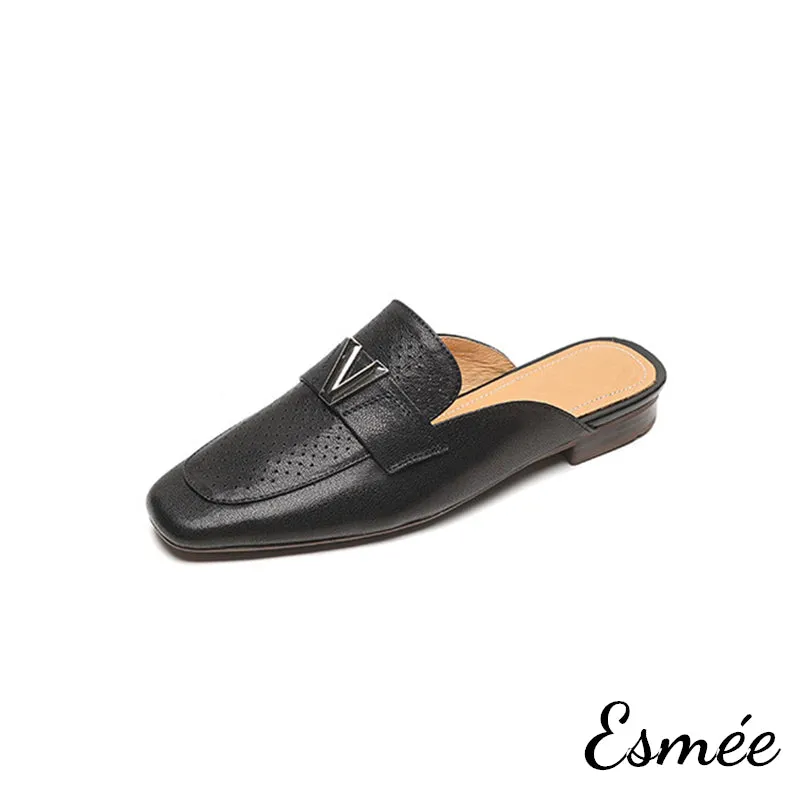 Leather Mules with V Metal Buckle