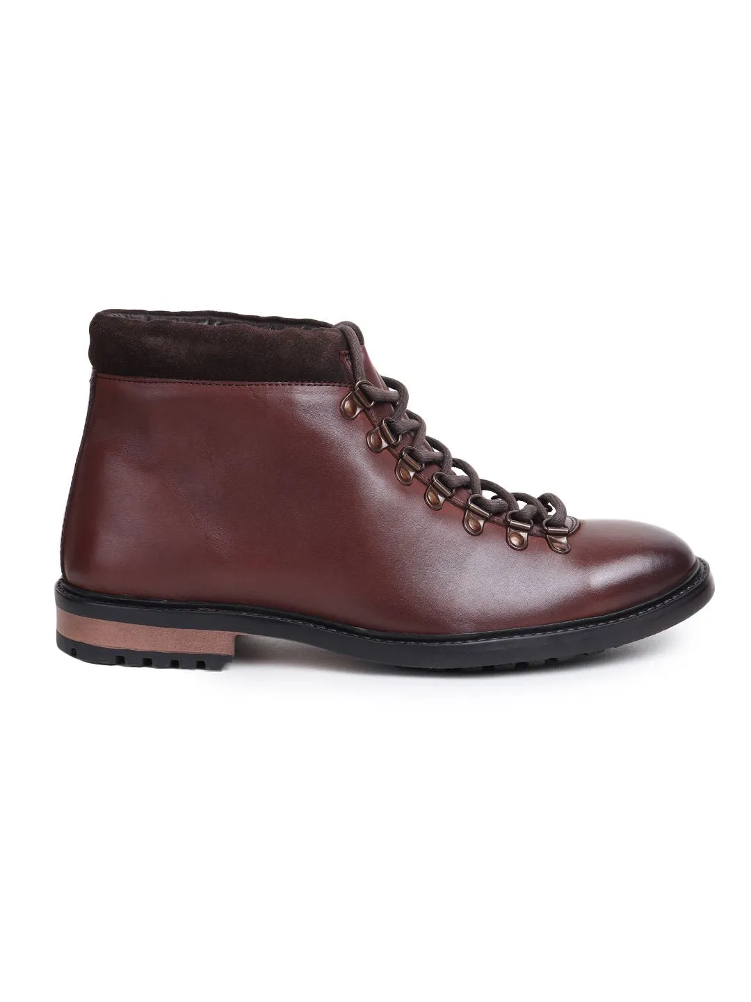 Men Brown Solid Leather Mid-Top Flat Boots