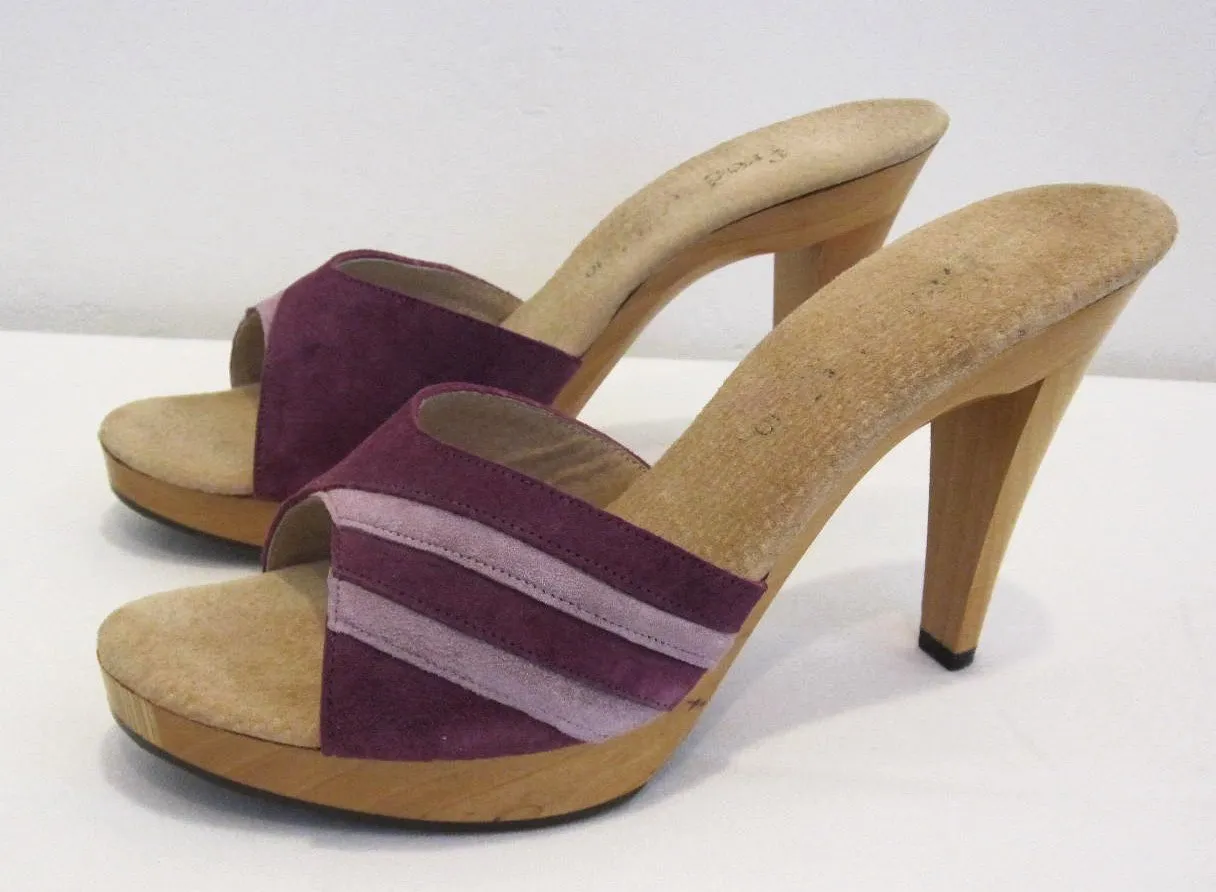 Vintage 70's Frederick of Hollywood Purple Suede Wood Platforms Heels Shoes 10